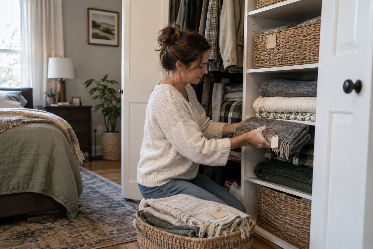 How to Fold and Label Spare Blankets in a Bedroom Closet