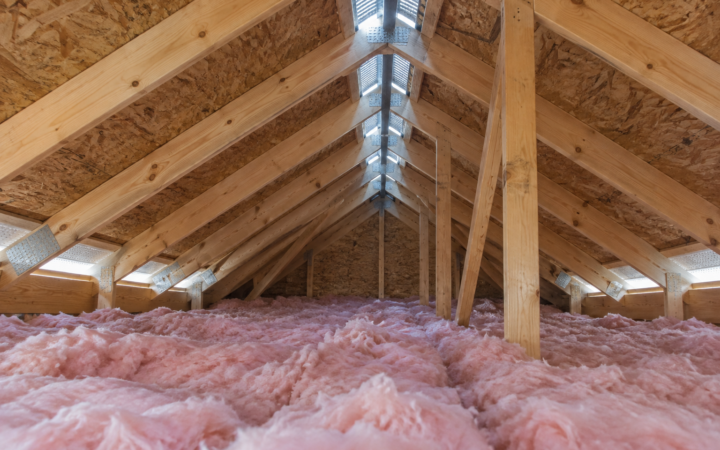 Residential attic rafters, insulation, soffit intake and ridge ventilation