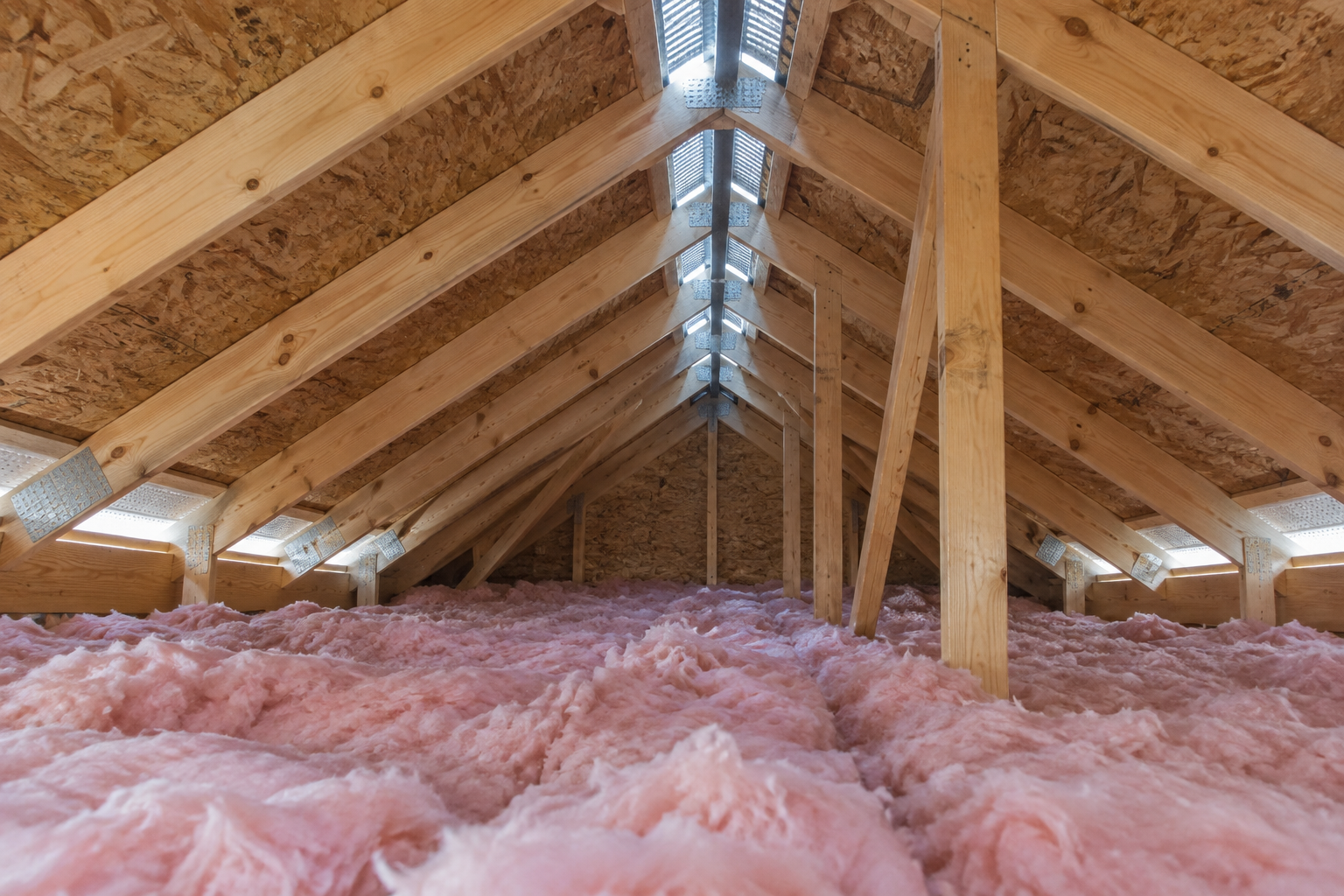 Residential attic rafters, insulation, soffit intake and ridge ventilation