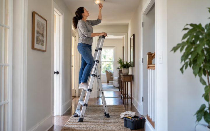 Homeowner safely using a compact extension ladder for a ceiling repair