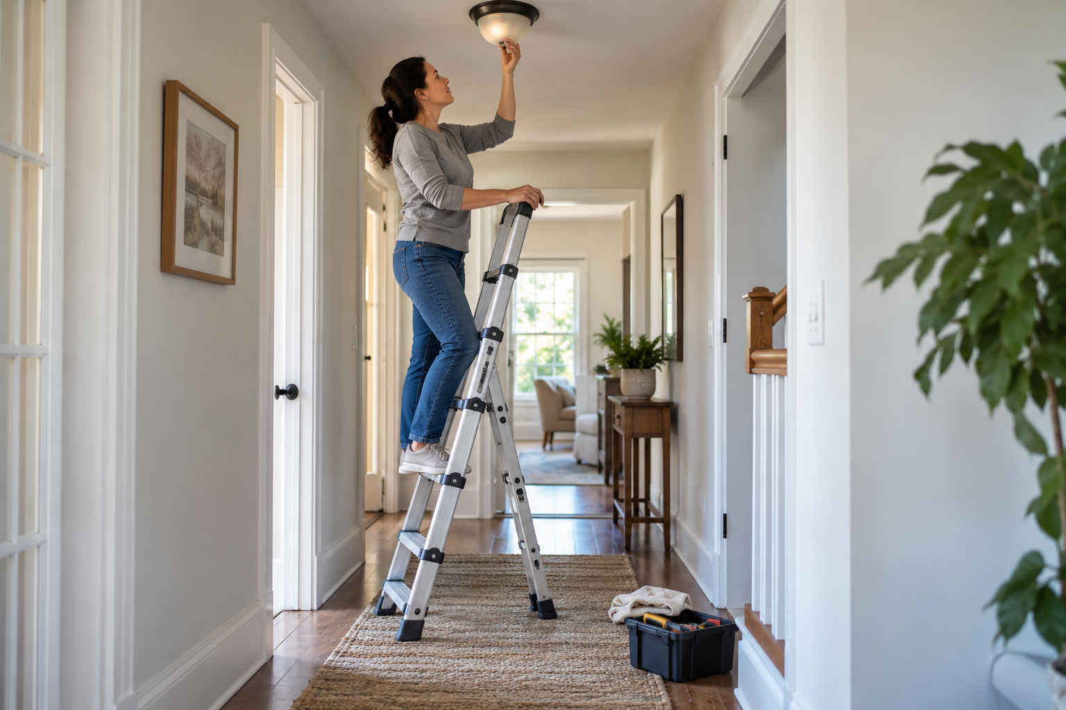Homeowner safely using a compact extension ladder for a ceiling repair