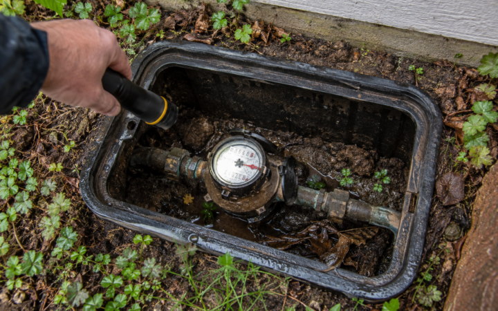 Analog water meter in an outdoor meter box being checked for a hidden leak