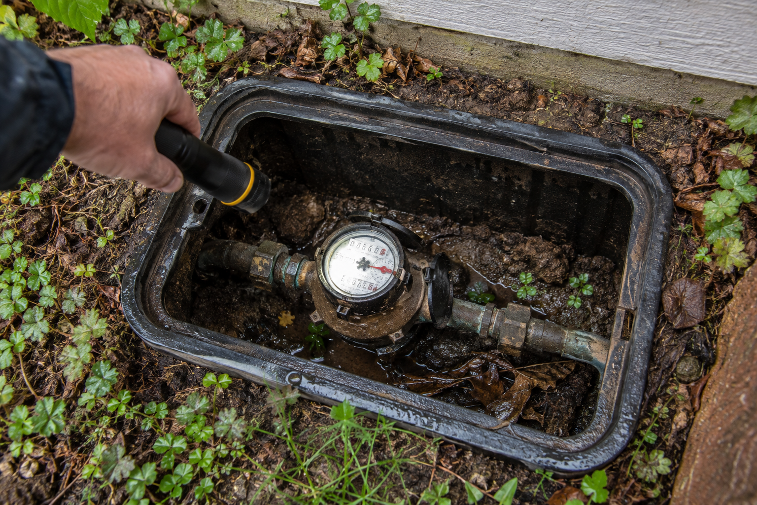 Analog water meter in an outdoor meter box being checked for a hidden leak